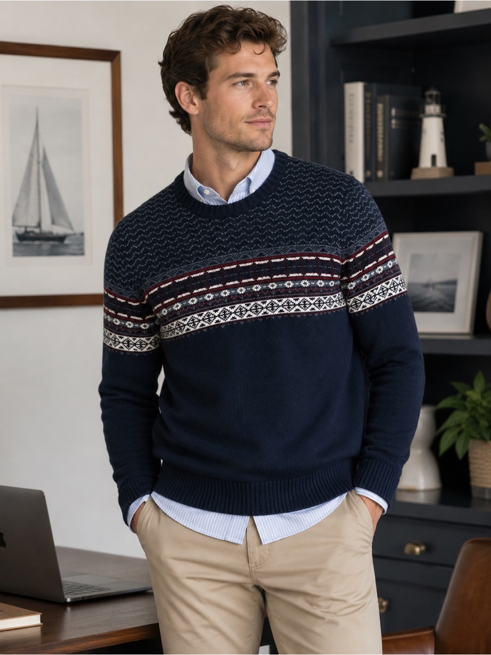 FRANK & OAK Fair Isle Wool Blend Navy Crewneck Sweater Size S